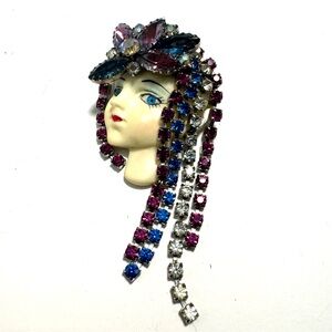 Vintage Rhinestone Flapper Girl Face Brooch